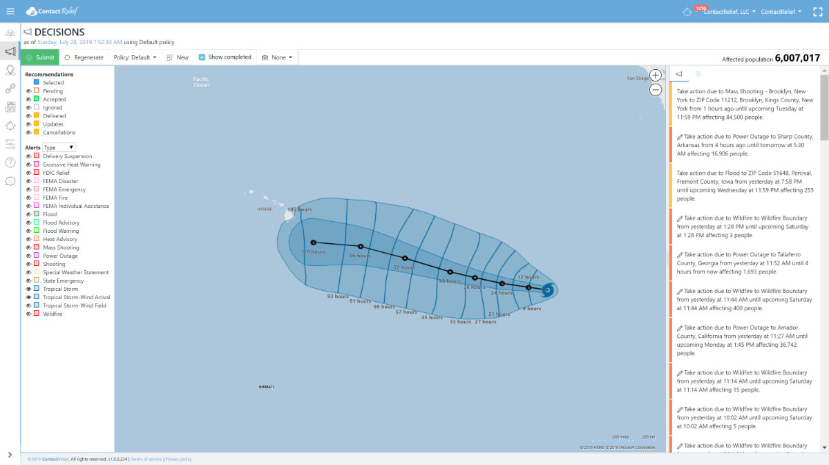 ContactRelief screenshot showing wind arrival cone of Tropical Storm Erick over Hawaii