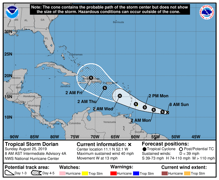 Tropical Storm Dorian Expected to Become a Hurricane Within 48 Hours