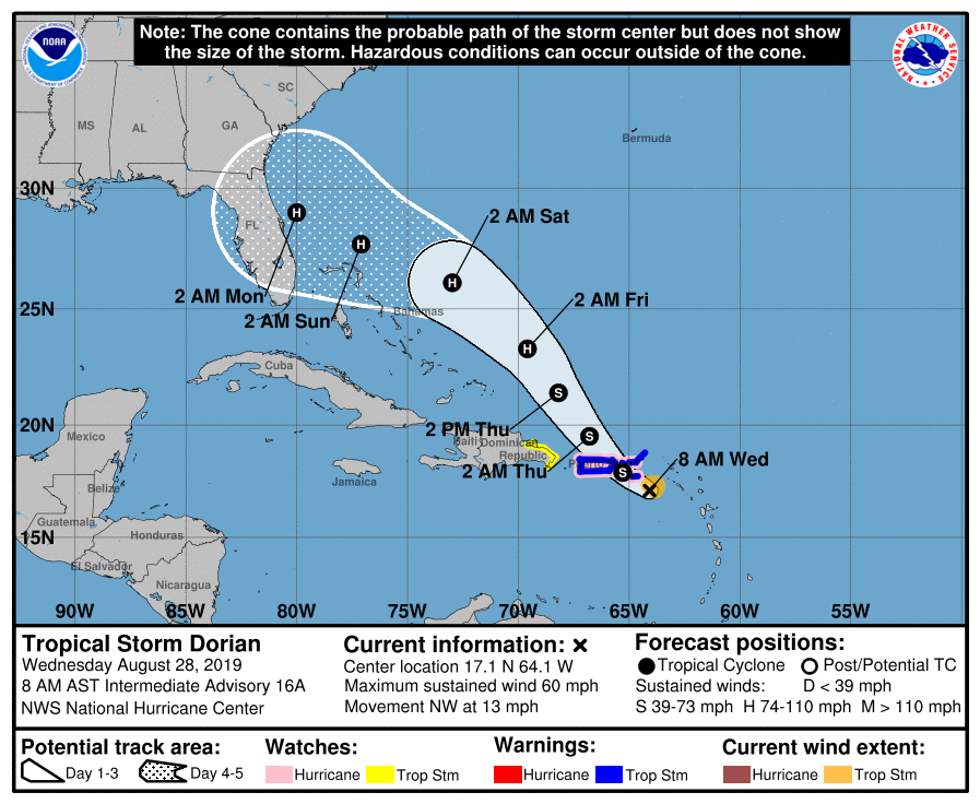 Tropical Storm Dorian to pass over or near Puerto Rico and the Virgin Islands today