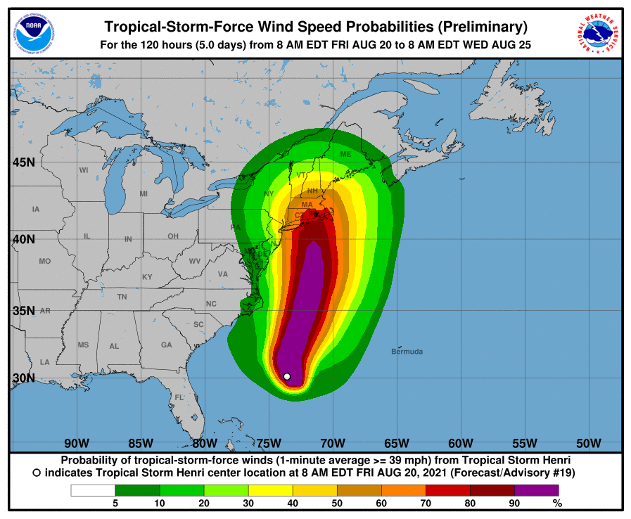 Graph of Tropical Storm force winds for Tropical Storm Henri as of 08/20/2021 10:00 CDT