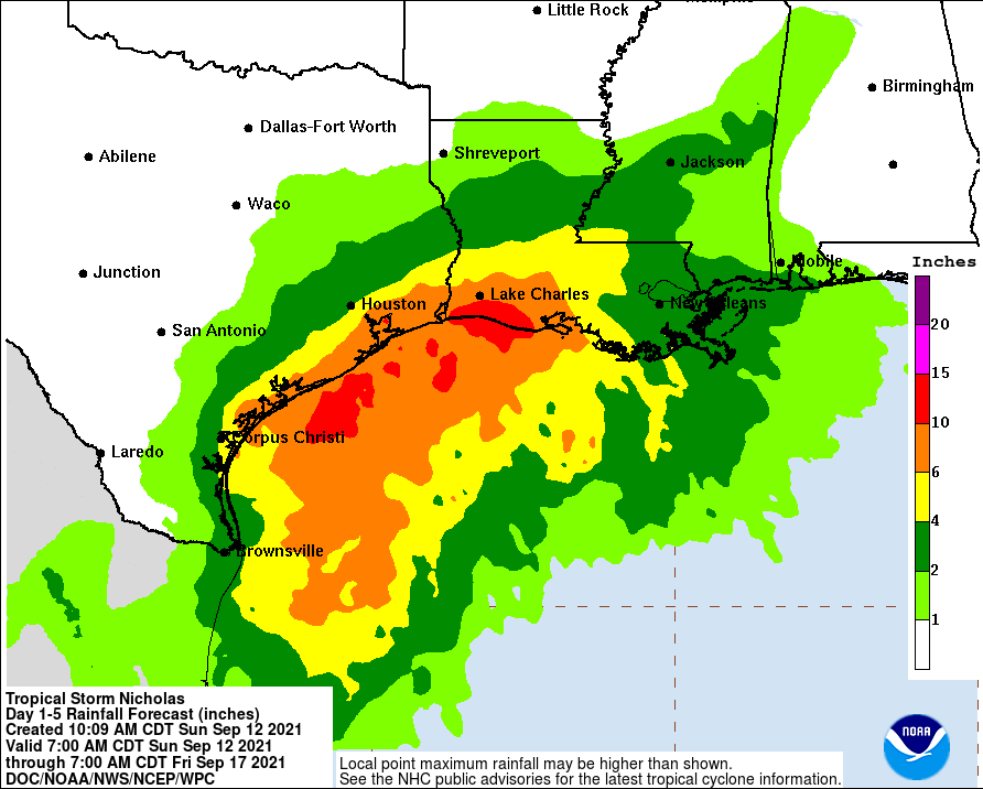 Tropical Storm Nicholas rainfall estimates